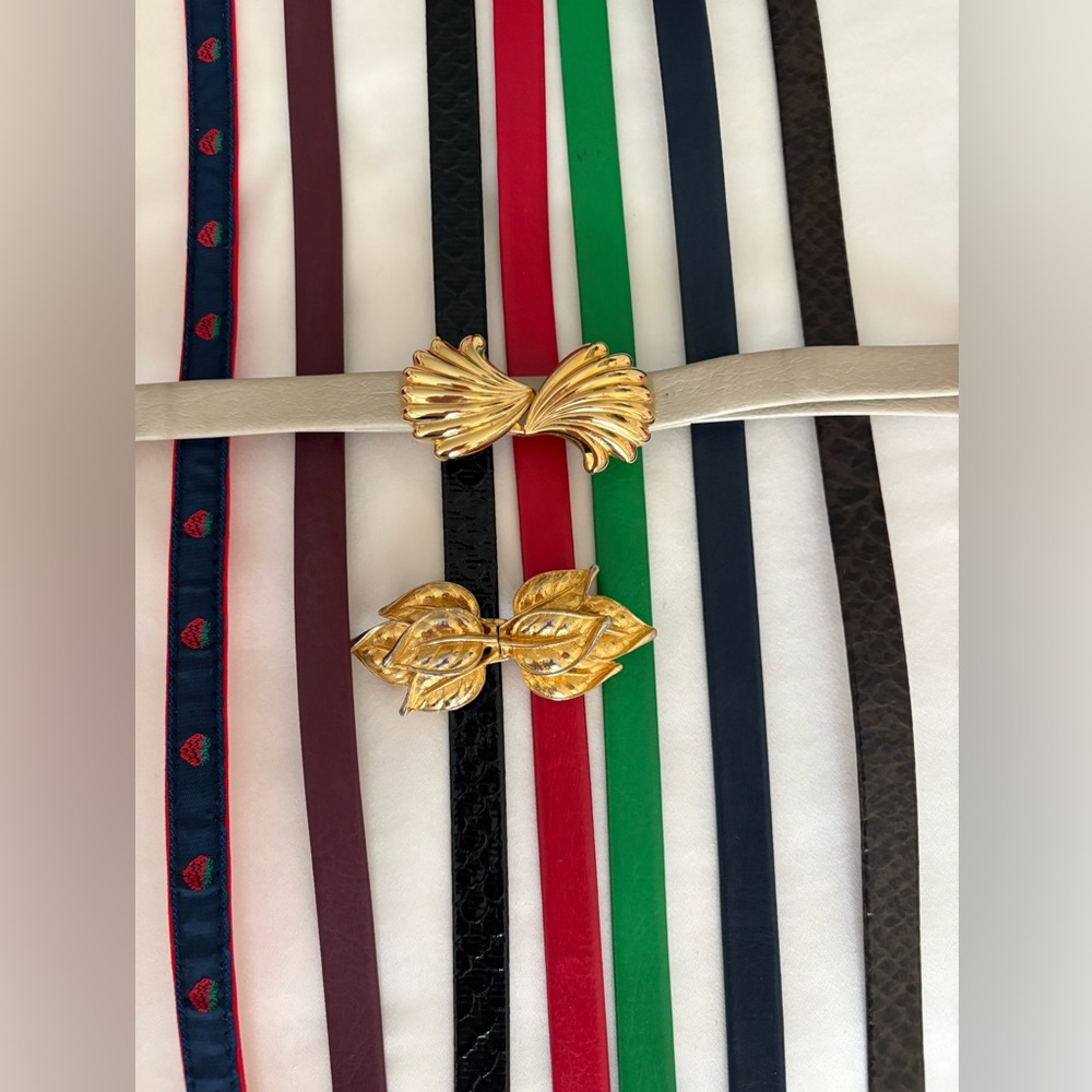 Interchangeable Leather Belts: 7leather, 1 grosgrain with 2 gold tone buckles
